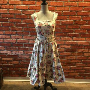 Floral Square-Neck Midi Dress in Cream with Pink Bouquet